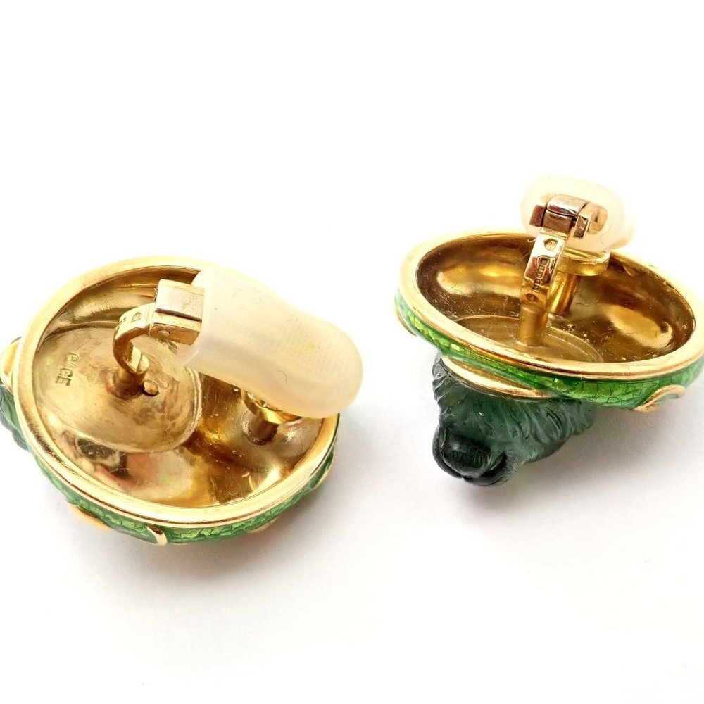 Rare! Elizabeth Gage 18k Yellow Gold Carved Peridot Green Enamel Lion Earrings - Picture 5 of 10